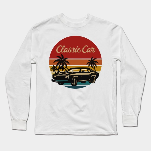 classic car retro  vintage aesthetic sunset circle with palms and mountains, gift for dad, retro designs for car lovers Long Sleeve T-Shirt by Maroon55